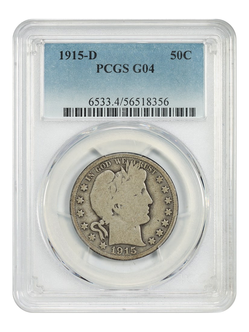 1915-D Denver Barber Half Dollar PCGS Good 4: 1915-D Denver Barber Half Dollar PCGS Good 4 This is a 1915-D Barber Half Dollar graded Good 04 by PCGS. The coin is circulated and was minted in Denver. It belongs to the Barber Half Dollar series an
