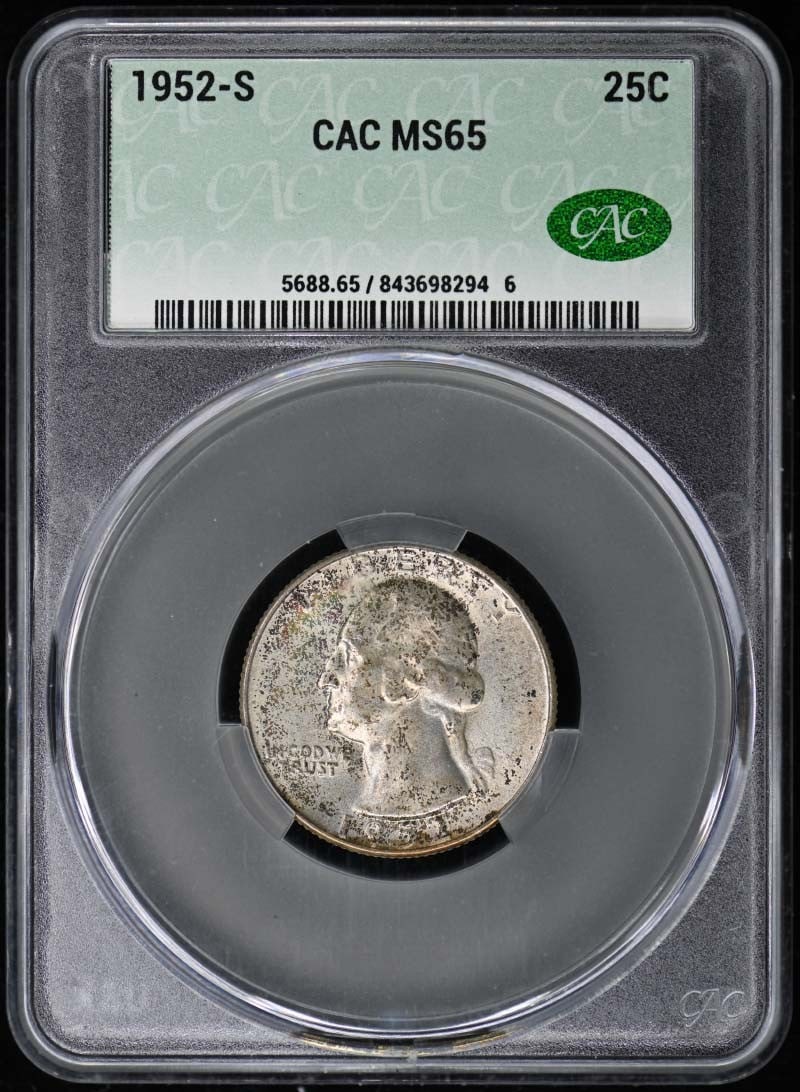 1952-S Washington Quarter CACG MS65 Uncirculated Coin: 1952-S Washington Quarter CACG MS65 Uncirculated Coin This 1952-S Washington Quarter is certified by CACG with a grade of MS65, indicating it is uncirculated and in excellent condition. Minted in San 