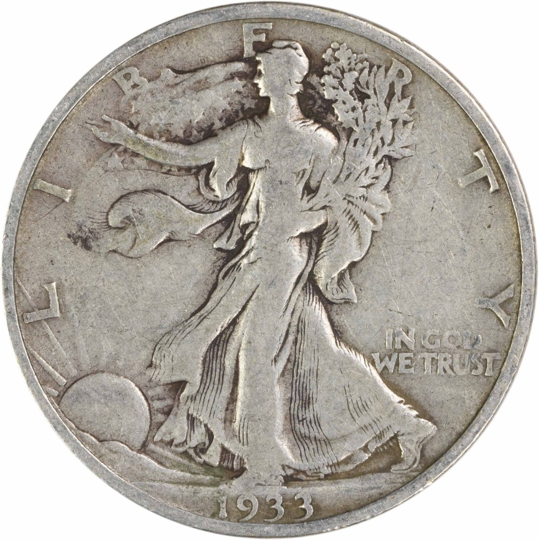 1933 San Francisco Liberty Walking Half Dollar 90 Percent Silver Uncertified: 1933 San Francisco Liberty Walking Half Dollar 90 Percent Silver Uncertified This is a 1933-S Walking Liberty Half Dollar coin from the United States, designed by Adolph Alexander Weinman. The coin is