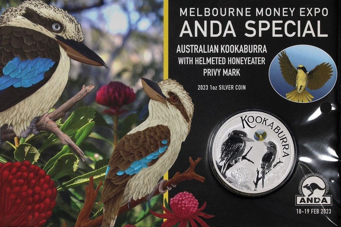 2023 Australia Kookaburra Honeyeater Privy 1 Oz Silver Dollar: 2023 Australia Kookaburra Honeyeater Privy 1 Oz Silver Dollar This 2023 Australia 1 oz Silver $1 Kookaburra coin features the Honeyeater privy mark and was issued as a special release for the Melbourn