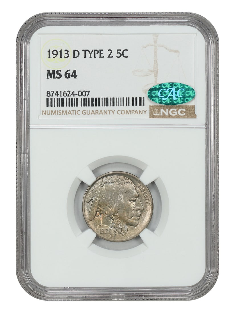 1913-D Buffalo Nickel NGC CAC MS64 Type 2: 1913-D Buffalo Nickel NGC CAC MS64 Type 2 This is a 1913-D Buffalo Nickel, Type 2, graded MS64 by NGC and also CAC approved. The coin is uncirculated and originates from the Denver Mint. It is a pre-o