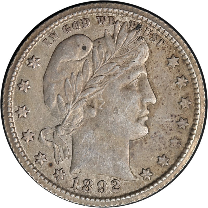 1892 O Silver Barber Quarter Choice AU BU: 1892 O Silver Barber Quarter Choice AU BU This 1892-O Barber Quarter is a circulated silver coin from the United States, featuring a strong strike and attractive eye appeal. It is graded as Choice AU/