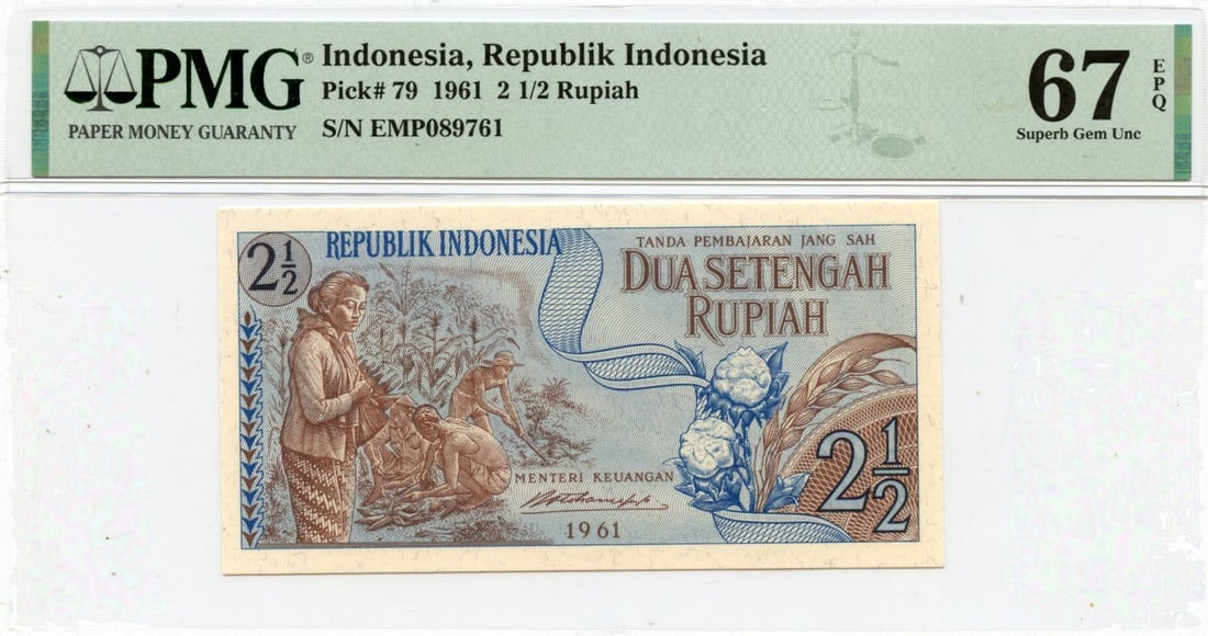 Indonesia 2.5 Rupiah Banknote 1961 PMG Gem 67 EPQ Certified (1 of 2)