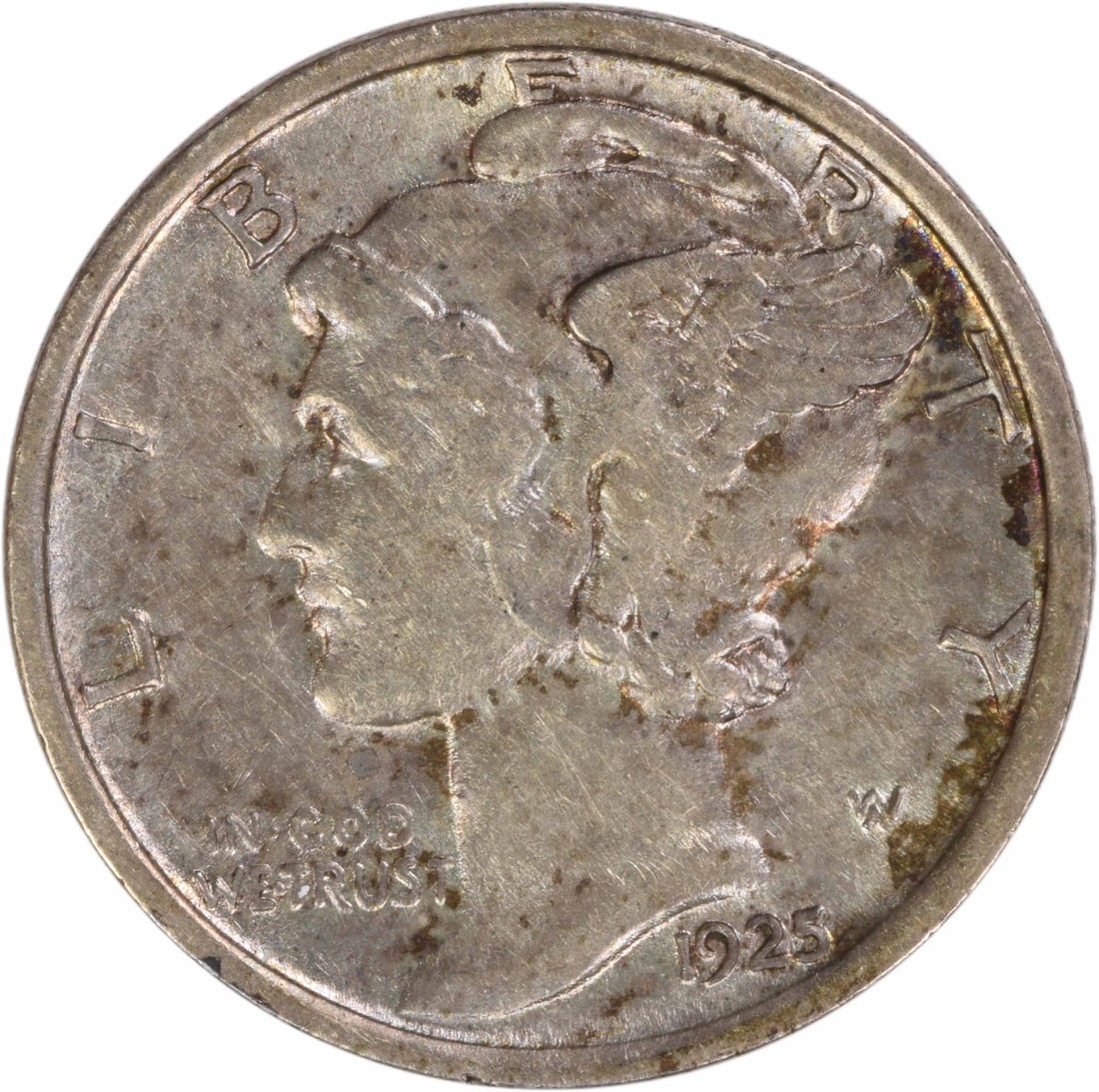 1925 Denver Mercury Dime 90 Percent Silver About Uncirculated Uncertified: 1925 Denver Mercury Dime 90 Percent Silver About Uncirculated Uncertified This is a 1925-D Mercury Dime from the Denver Mint, featuring the iconic design by Adolph Alexander Weinman. The coin is compo