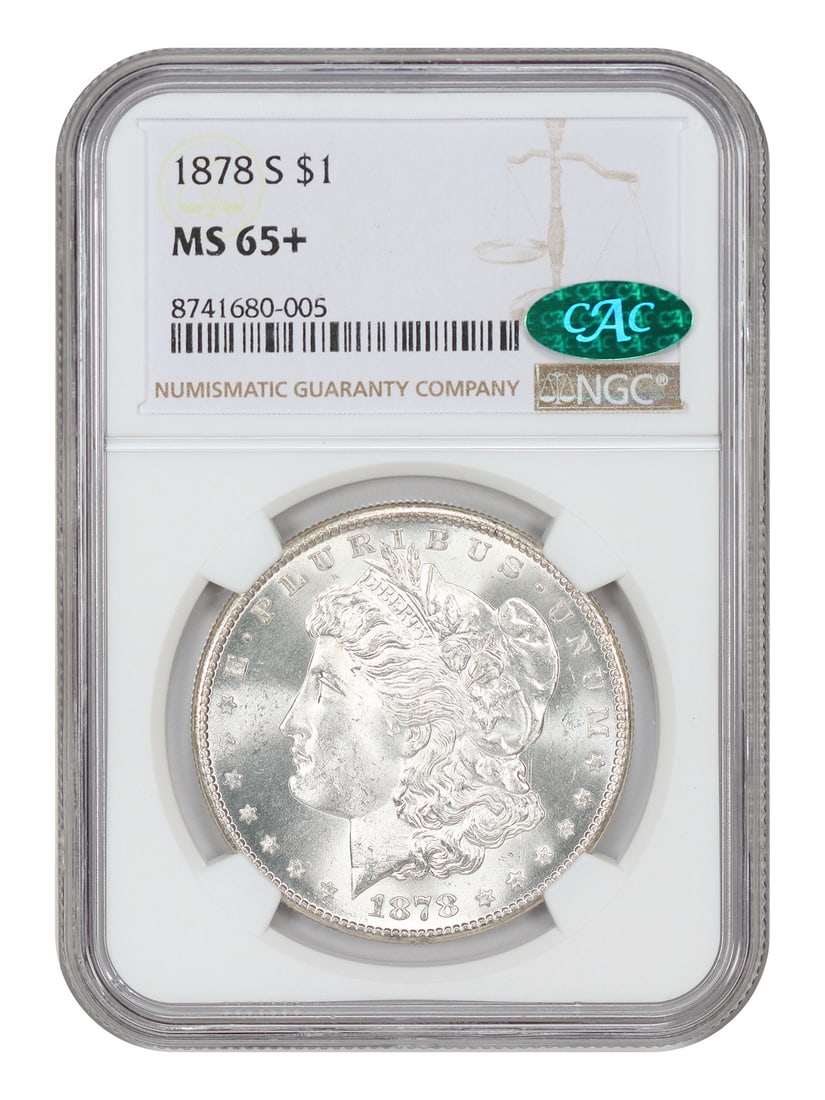 1878 San Francisco Morgan Dollar NGC CAC MS65 Plus: 1878 San Francisco Morgan Dollar NGC CAC MS65 Plus This 1878-S Morgan Dollar is graded MS65+ by NGC and features the CAC designation. Issued in the first year of production for the San Francisco Mint,