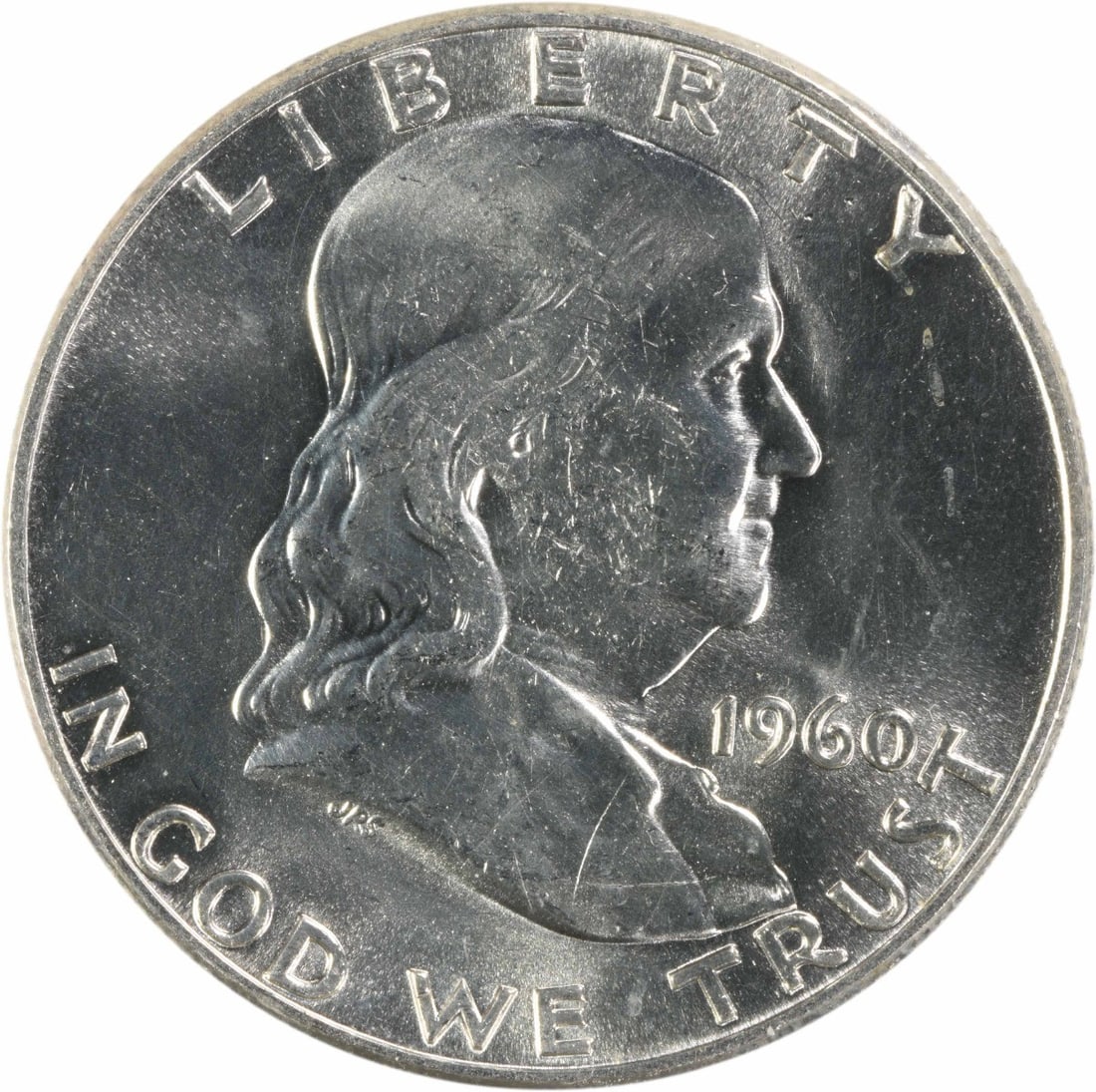 Uncirculated 1960 Silver 50C Franklin Half Dollar Choice BU Uncertified: Uncirculated 1960 Silver 50C Franklin Half Dollar Choice BU Uncertified This is a 1960 Franklin Silver Half Dollar featuring a burnished strike. The coin is uncirculated, with a Choice BU+ grade, and 