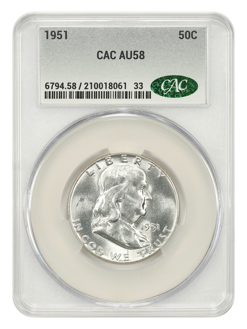 1951 Franklin Half Dollar CACG AU58 Philadelphia 50 Cent Coin: 1951 Franklin Half Dollar CACG AU58 Philadelphia 50 Cent Coin This is a 1951 Franklin Half Dollar graded AU58 by CACG. The coin was minted in Philadelphia and is circulated. It features a 50-cent deno