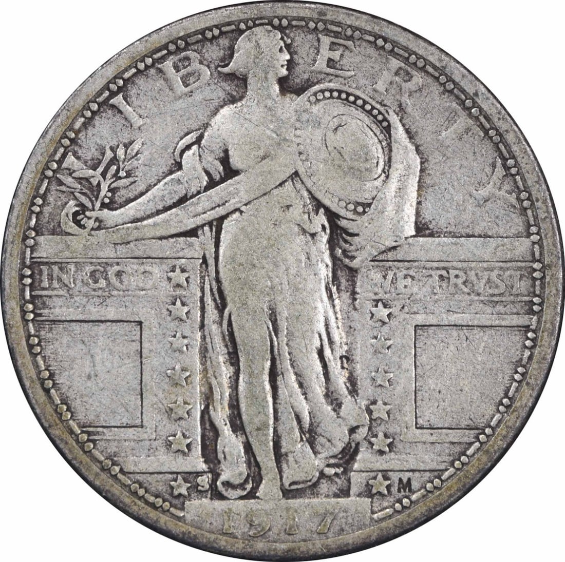 1917-S Standing Liberty Quarter 90% Silver F Uncertified Coin: 1917-S Standing Liberty Quarter 90% Silver F Uncertified Coin This is a 1917-S Standing Liberty Silver Quarter, Type 1, featuring the design by Hermon A. Mac Neil. It is a circulated coin with a grade