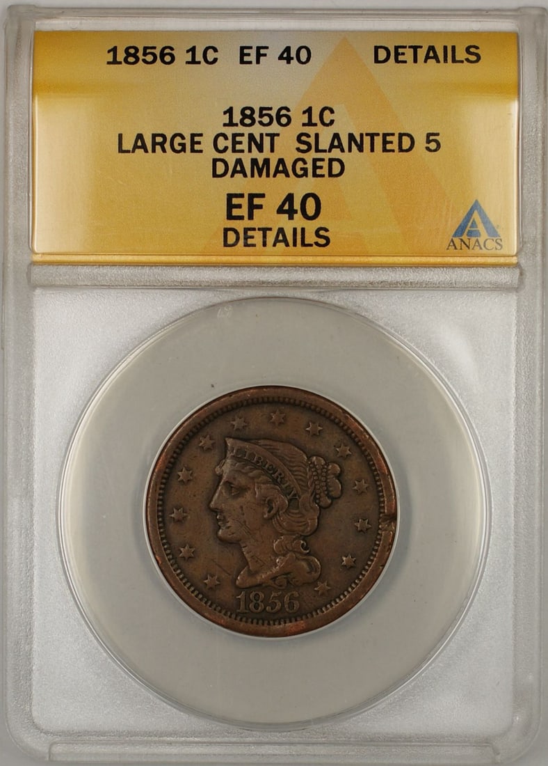 1856 Slanted 5 Braided Hair Large Cent ANACS EF 40 Details Damaged: 1856 Slanted 5 Braided Hair Large Cent ANACS EF 40 Details Damaged This 1856 Braided Hair Large Cent features a slanted 5 in its date and has been certified by ANACS with a grade of EF 40 Details. The