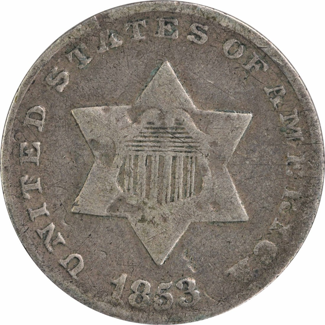 1853 Three Cent Silver Coin Uncertified F Grade USA: 1853 Three Cent Silver Coin Uncertified F Grade USA This 1853 Three Cent Silver coin is a notable piece of American history, minted in Philadelphia. It features a composition of 75% silver and 25% cop
