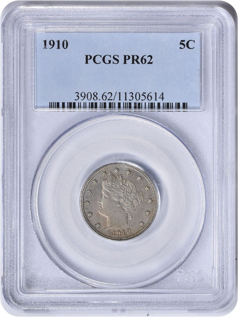 1910 Liberty Head Nickel Proof PR62 Certified by PCGS: 1910 Liberty Head Nickel Proof PR62 Certified by PCGS This 1910 Liberty Nickel is a proof strike graded PR62 by PCGS. The coin is composed of copper and has a denomination of 5 cents. It was minted in