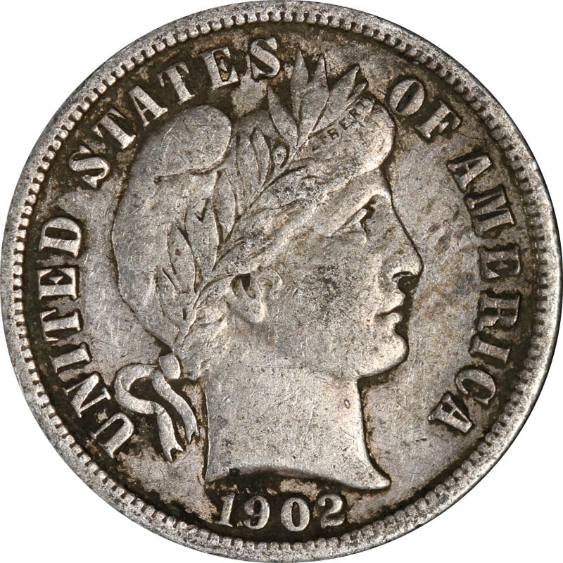 1902 San Francisco Barber silver dime: 1902 San Francisco Barber silver dime This is a 1902-S Barber Dime from the United States. The coin is composed of silver with a fineness of 0.9 and was minted in San Francisco. It is a circulated, pr