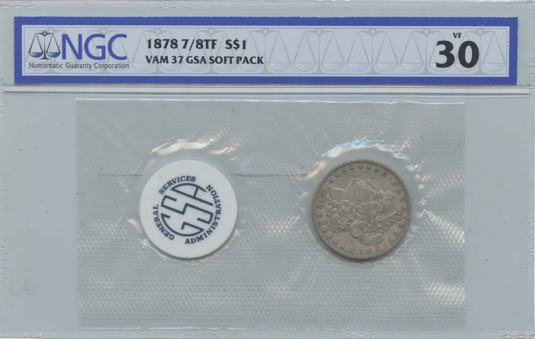 NGC VF30 1878 Morgan Dollar VAM-37 GSA Soft Pack 7 Over 8 Tailfeathers: NGC VF30 1878 Morgan Dollar VAM-37 GSA Soft Pack 7 Over 8 Tailfeathers This 1878 Morgan Dollar features the 7/8 Tail Feathers (VAM-37) variety and comes graded VF30 by NGC. The coin is circulated and 
