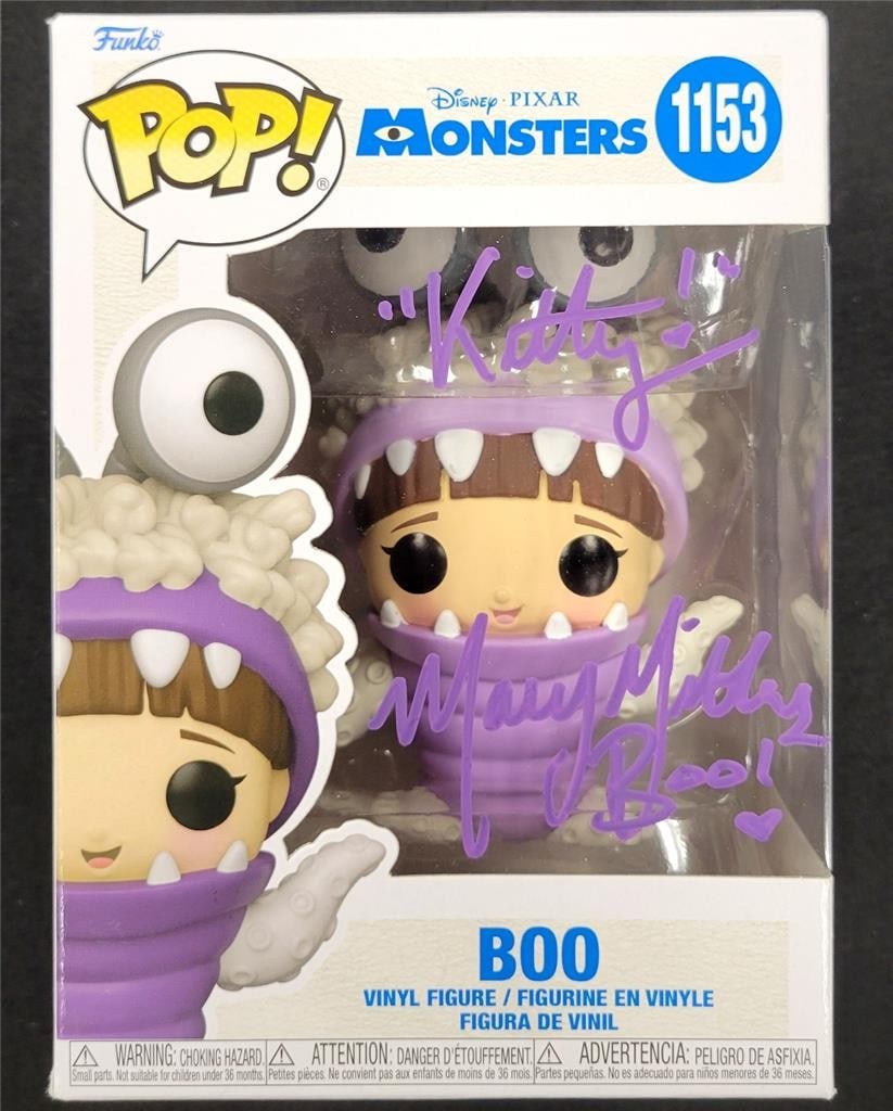 Funko Pop 1153 Boo from Monsters Inc signed by Mary Gibbs Beckett authenticated: Funko Pop 1153 Boo from Monsters Inc signed by Mary Gibbs Beckett authenticated This is a Funko Pop number 1153 featuring Boo from Monsters Inc, signed by Mary Gibbs. The autograph is authenticated by