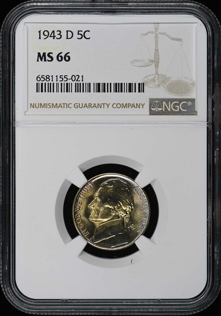 1943-D Jefferson Nickel NGC MS66 Uncirculated Coin: 1943-D Jefferson Nickel NGC MS66 Uncirculated Coin This 1943-D Jefferson Nickel is a remarkable example of numismatic craftsmanship, graded MS66 by NGC, ensuring its uncirculated quality. Minted in De