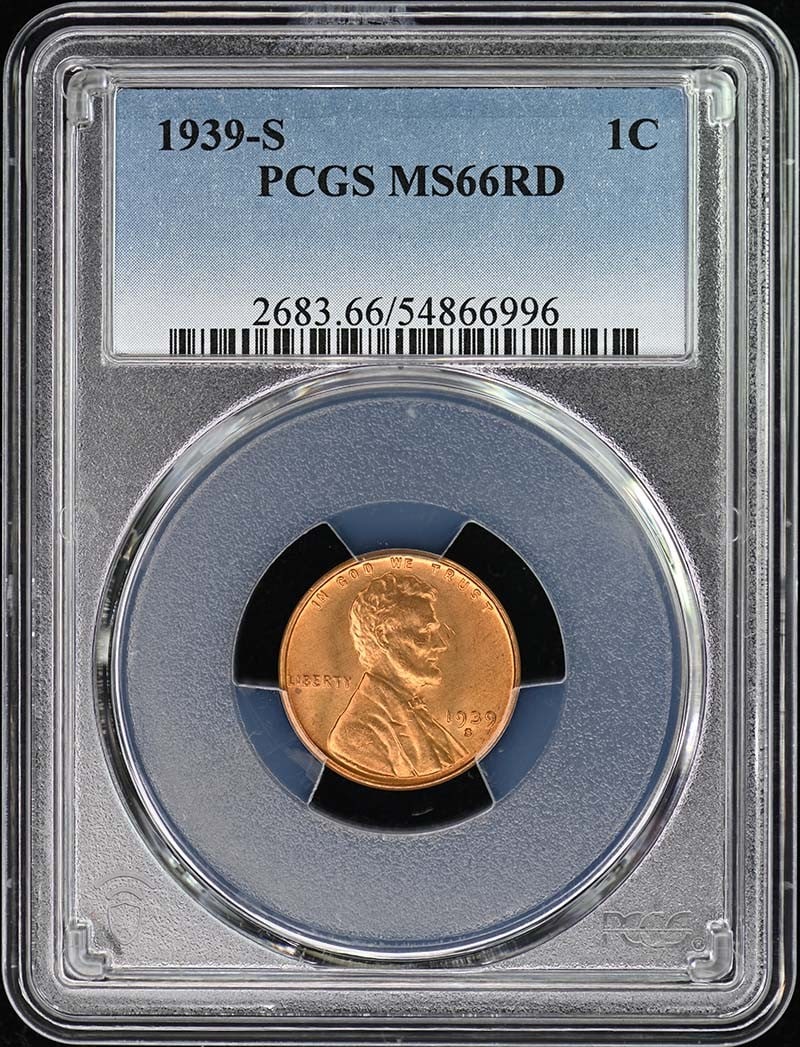 1939-S Lincoln Cent Type 1 Wheat Reverse PCGS MS66RD: 1939-S Lincoln Cent Type 1 Wheat Reverse PCGS MS66RD This 1939-S Lincoln Cent features the Type 1 Wheat Reverse and has been certified by PCGS with a grade of MS66RD, indicating its high-quality uncir