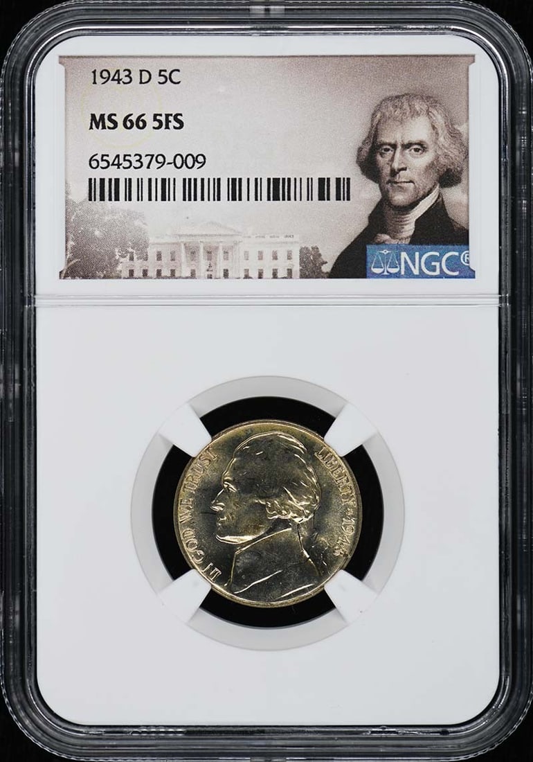 NGC MS66 1943-D Denver Jefferson Nickel 5FS: NGC MS66 1943-D Denver Jefferson Nickel 5FS This is a 1943-D Jefferson Nickel from the United States, graded MS66 with the 5 Full Steps (5FS) designation by NGC. The coin is uncirculated and was minte