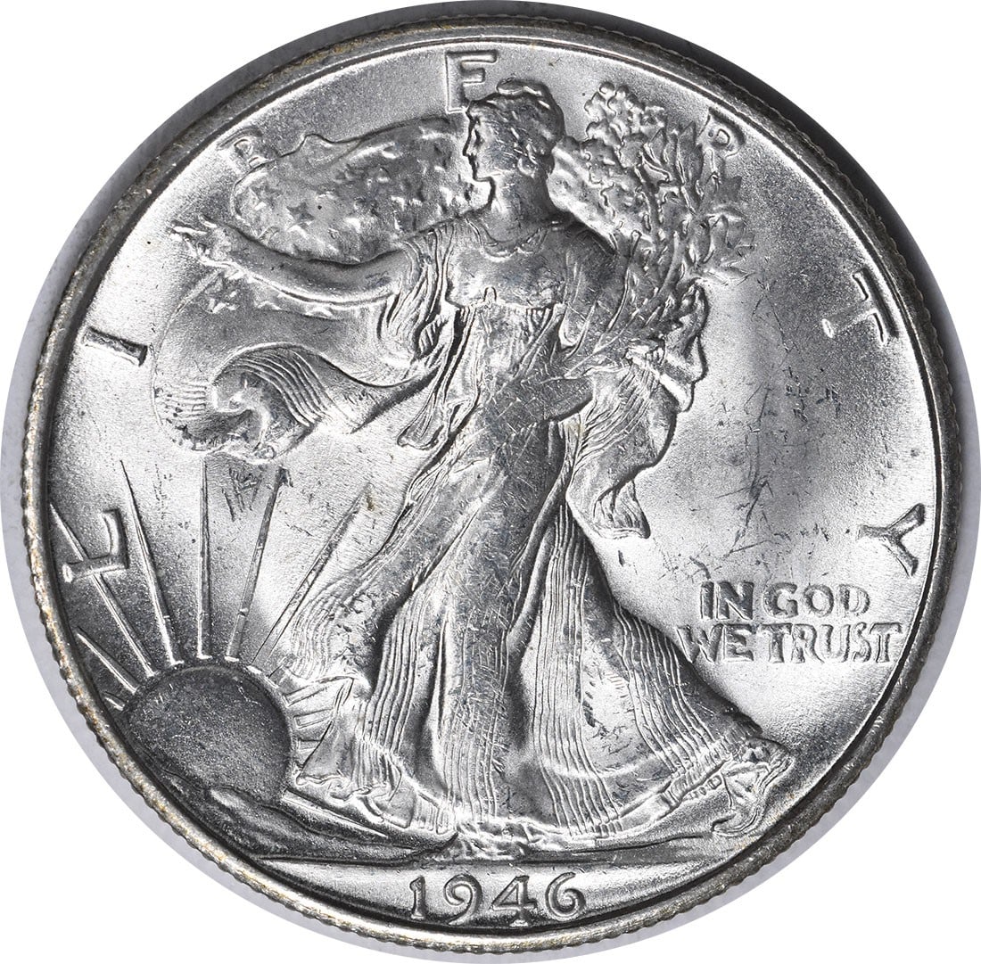 1946-S/S Liberty Walking Half Dollar Silver RPM1 Choice BU+: 1946-S/S Liberty Walking Half Dollar Silver RPM1 Choice BU+ This 1946-S/S Walking Liberty Silver Half Dollar is an uncirculated coin graded as Choice BU+. It features the iconic Walking Liberty design