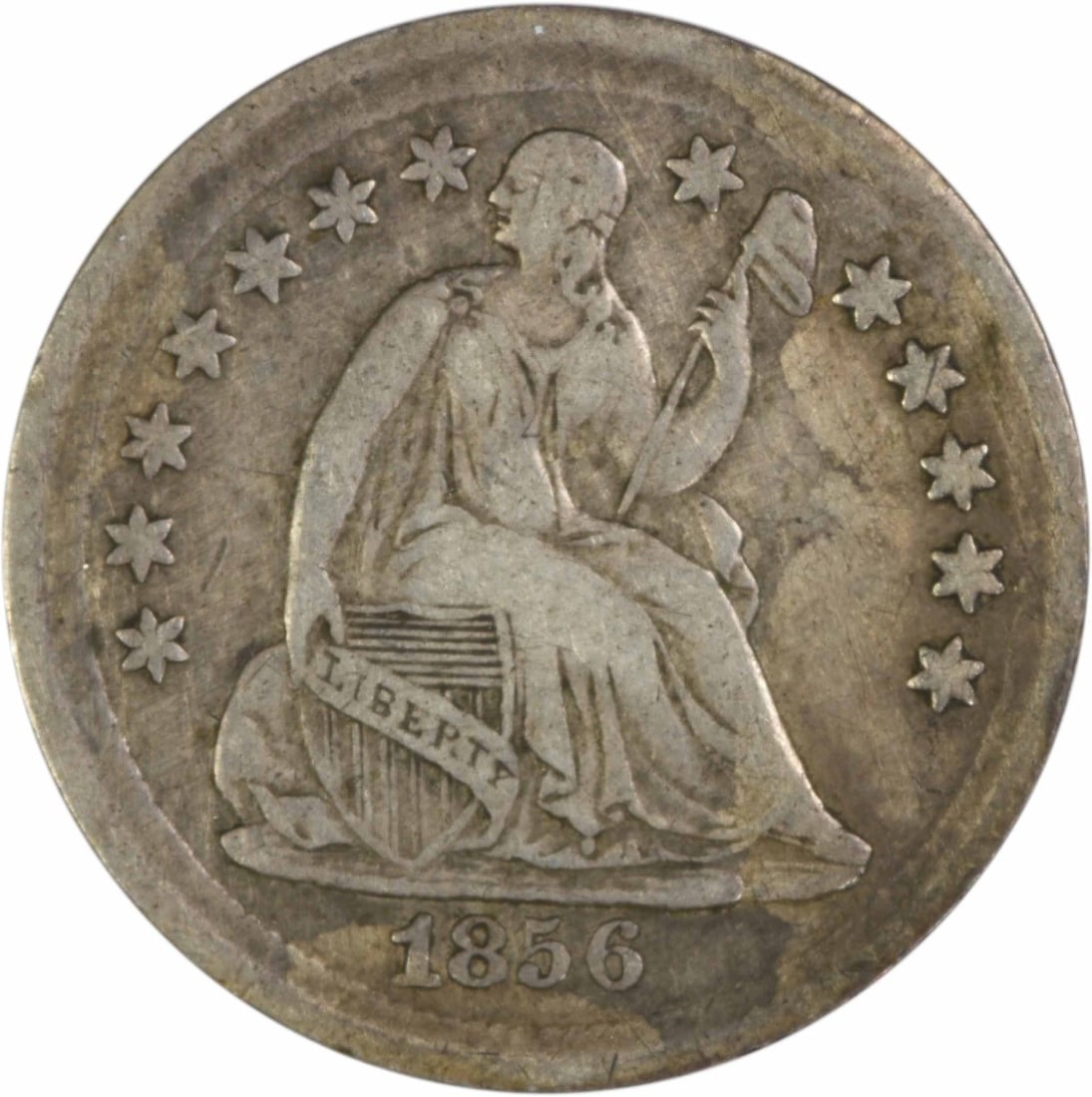 1856 Seated Liberty Half Dime 90% Silver VF Uncertified: 1856 Seated Liberty Half Dime 90% Silver VF Uncertified This 1856 Liberty Seated Half Dime is a circulated coin from the United States, featuring the classic Seated Liberty design by Christian Gobrech