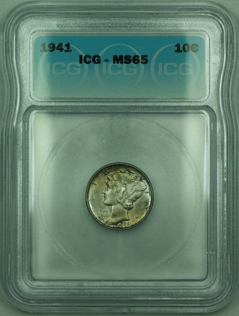 1941 Silver Mercury Dime 10C Graded MS-65 by ICG with Toning: 1941 Silver Mercury Dime 10C Graded MS-65 by ICG with Toning This is a 1941 Mercury Silver Dime from the United States, featuring a denomination of 10 cents. The coin is uncirculated and graded MS-65 
