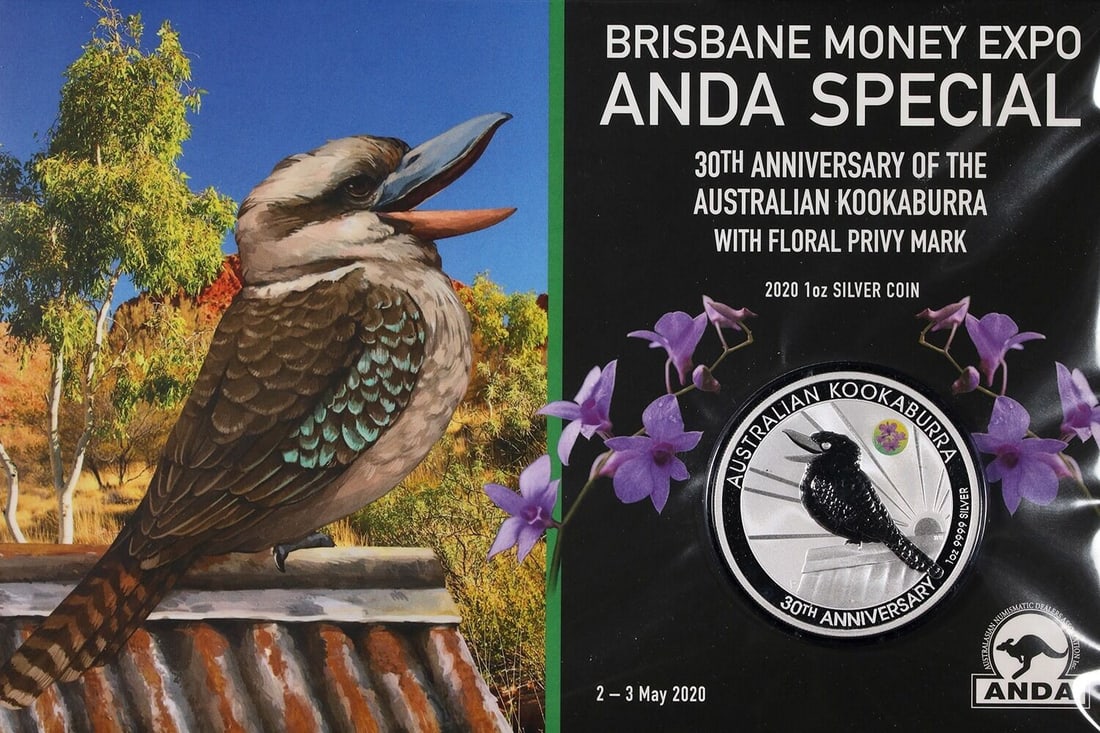 2020 Australia Kookaburra 1 Oz Silver Dollar Orchid Privy: 2020 Australia Kookaburra 1 Oz Silver Dollar Orchid Privy This is a 2020 Australia 1 Ounce Silver $1 Kookaburra coin featuring the Orchid privy mark, issued as a Brisbane ANDA Special for the Money Ex