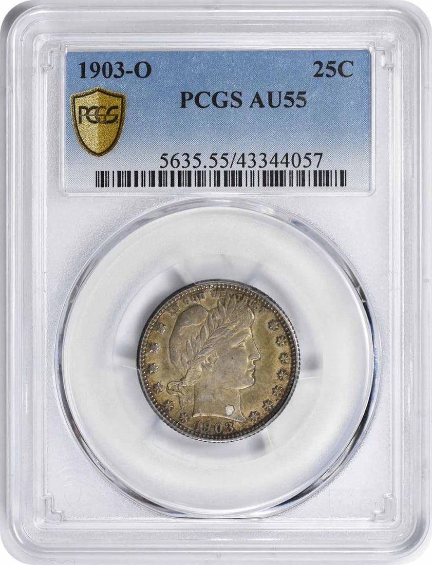 1903-O Barber Quarter AU55 PCGS Certified Silver Coin: 1903-O Barber Quarter AU55 PCGS Certified Silver Coin This 1903-O Barber Quarter is a remarkable piece of American numismatic history, certified by PCGS with a grade of AU55. Minted in New Orleans, th
