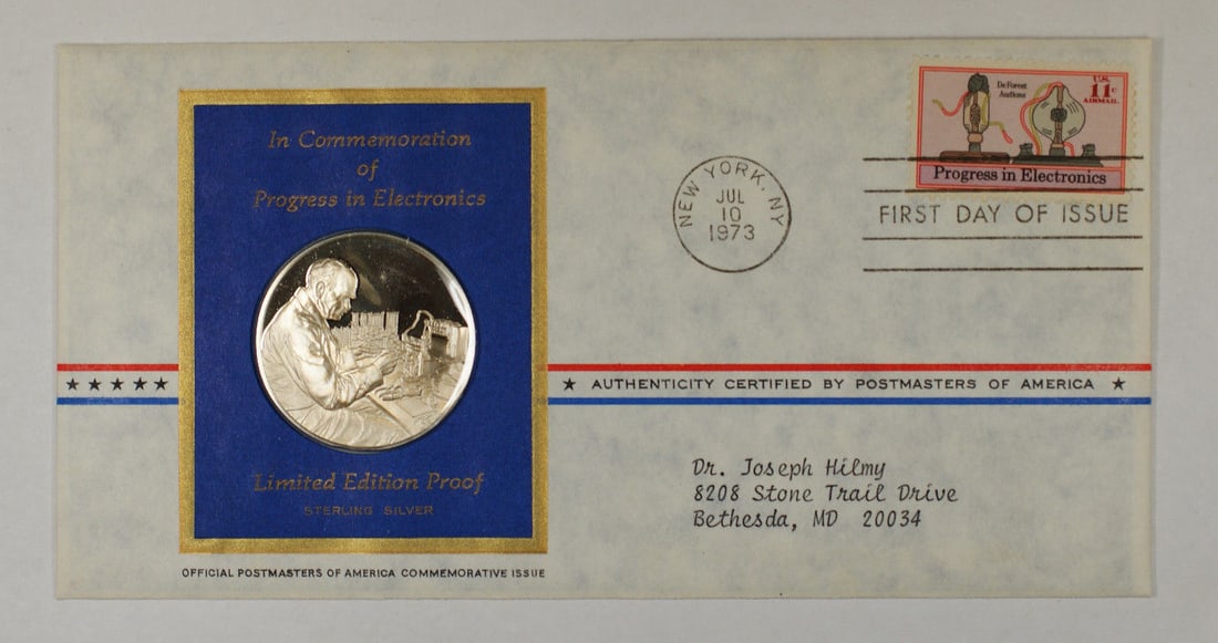 Sterling Silver 1973 Progress in Electronics Commemorative Medal by Franklin Mint: Sterling Silver 1973 Progress in Electronics Commemorative Medal by Franklin Mint This 1973 Postmasters of America commemorative silver medal was struck by the Franklin Mint to honor progress in elect