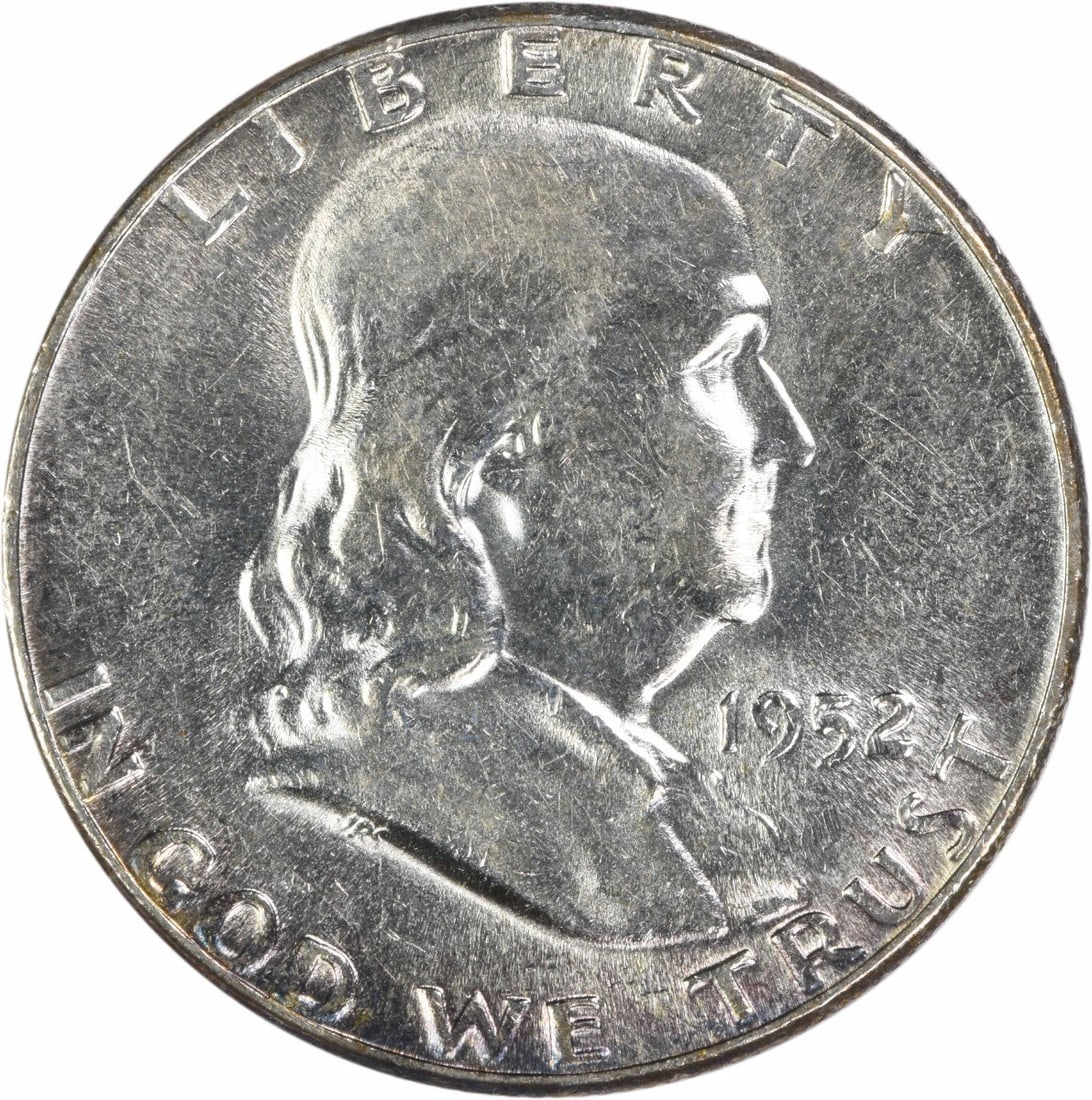 1952 Franklin 50C Philadelphia Silver Half Dollar AU Uncertified: 1952 Franklin 50C Philadelphia Silver Half Dollar AU Uncertified This 1952 Franklin Half Dollar is a circulated coin from the Philadelphia Mint, composed of 90% silver and 10% copper. Designed by John