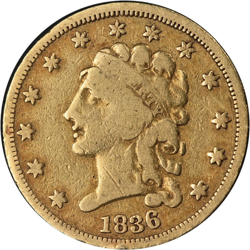 1836 Classic Head $2.50 Gold Coin Nice F Grade: 1836 Classic Head $2.50 Gold Coin Nice F Grade This 1836 Classic Head Gold $2.50 coin features attractive eye appeal and a strong strike. It displays even wear, nice color, and well-preserved surfaces