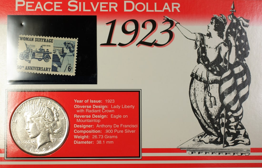1923-S Peace Dollar San Francisco Silver Coin with Suffrage Stamp and Fact Sheet: 1923-S Peace Dollar San Francisco Silver Coin with Suffrage Stamp and Fact Sheet This set includes a 1923-S Peace Silver Dollar coin from the San Francisco Mint, accompanied by a 6 cent Suffrage stamp