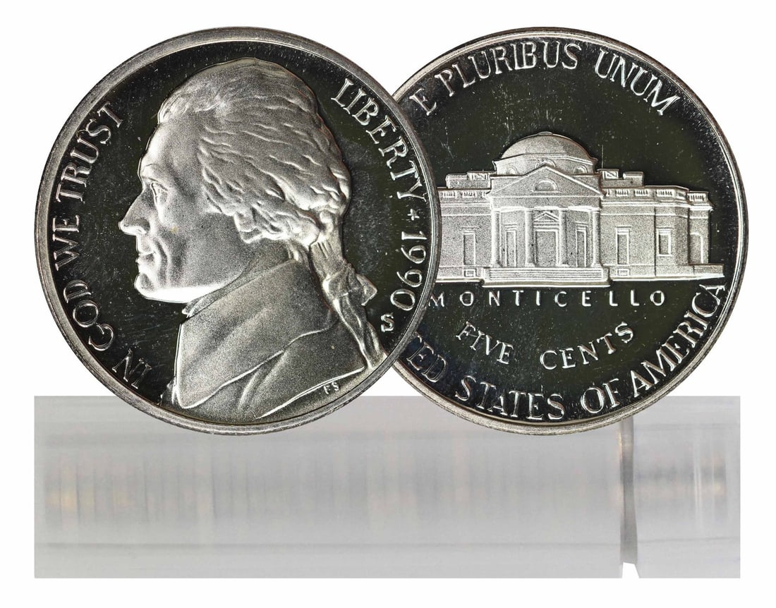 40-coin roll 1990-S Jefferson proof nickels: 40-coin roll 1990-S Jefferson proof nickels This listing offers a roll of forty 1990-S Jefferson Nickels, each featuring a proof strike. These coins are uncirculated and have not been graded or certif