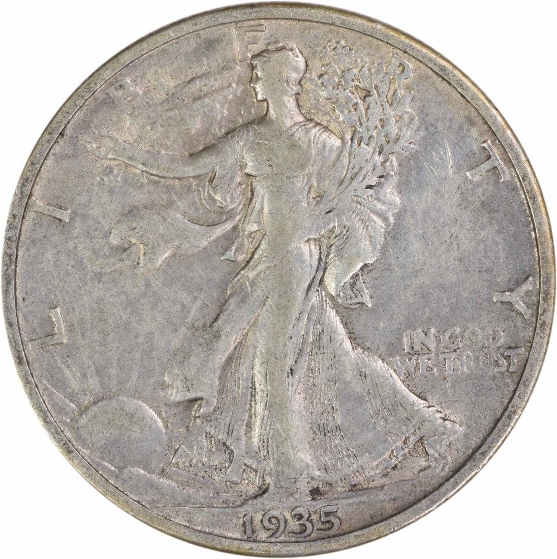 1935 San Francisco Walking Liberty Half Dollar 90 Percent Silver EF Grade: 1935 San Francisco Walking Liberty Half Dollar 90 Percent Silver EF Grade This 1935-S Walking Liberty Half Dollar is a circulated coin produced at the San Francisco Mint. Designed by Adolph Alexander 