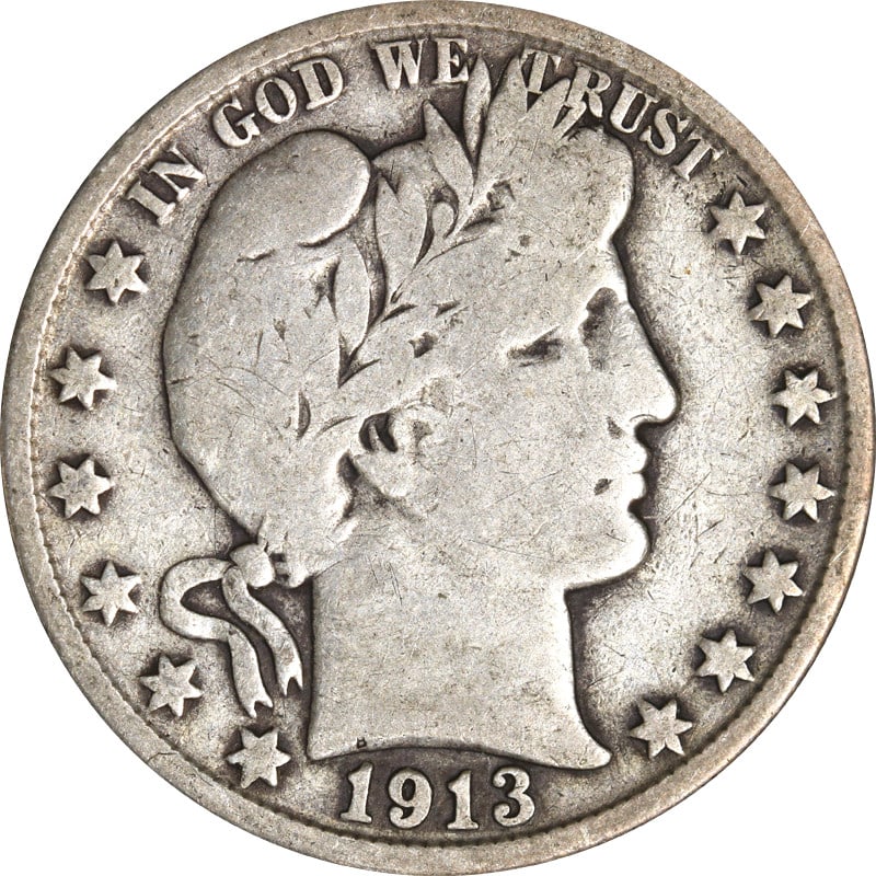 Silver 1913-D Barber Half Dollar: Silver 1913-D Barber Half Dollar This 1913-D Barber Half Dollar is a circulated coin composed of 90% silver. Minted in Denver in 1913, it is an example of the classic Barber design. The coin is pre-ow