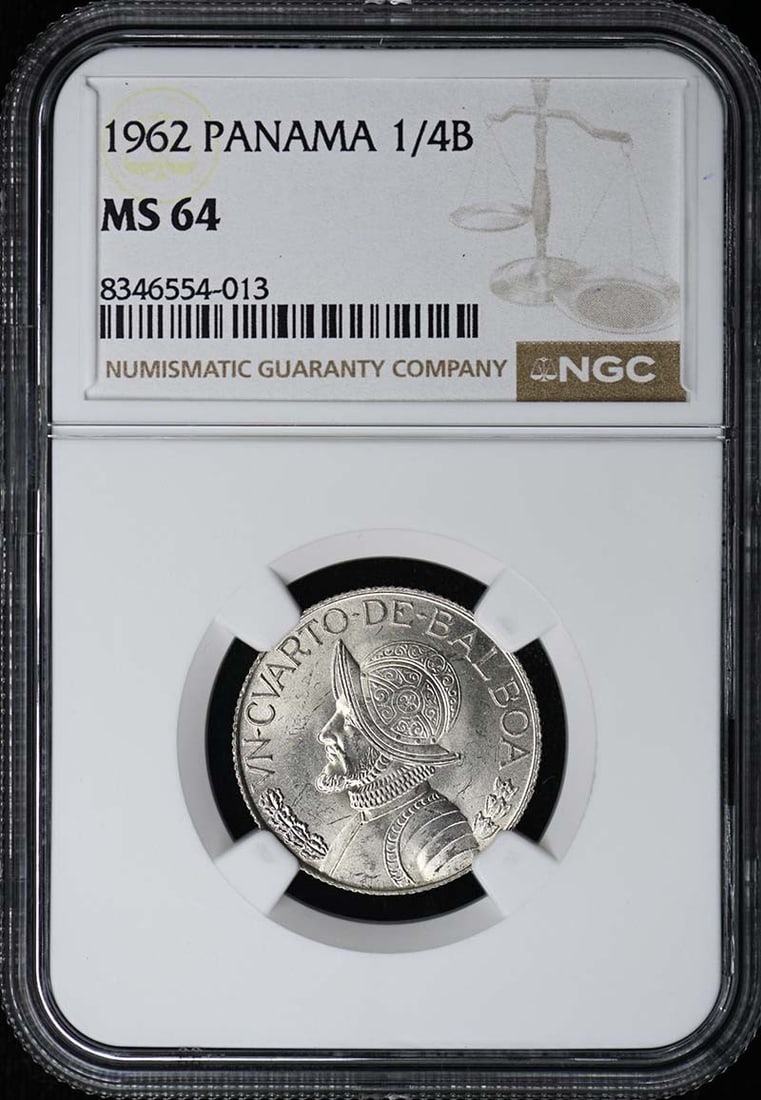 NGC MS64 1962 Panama Quarter Balboa Uncirculated Coin: NGC MS64 1962 Panama Quarter Balboa Uncirculated Coin This un-used 1962 Panama 1/4 Balboa coin has been certified by NGC with a grade of MS64. It is a pre-owned item from Panama, featuring the certifi