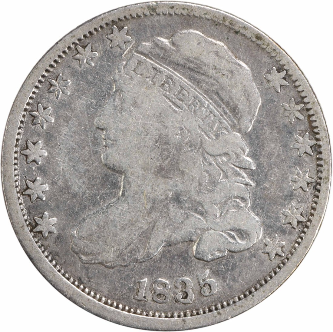 1835 Capped Bust Silver Dime 10C Uncertified Philadelphia Mint: 1835 Capped Bust Silver Dime 10C Uncertified Philadelphia Mint This is an 1835 Capped Bust Silver Dime featuring a design by John Reich. It is an uncertified coin that has been circulated and is in Fa