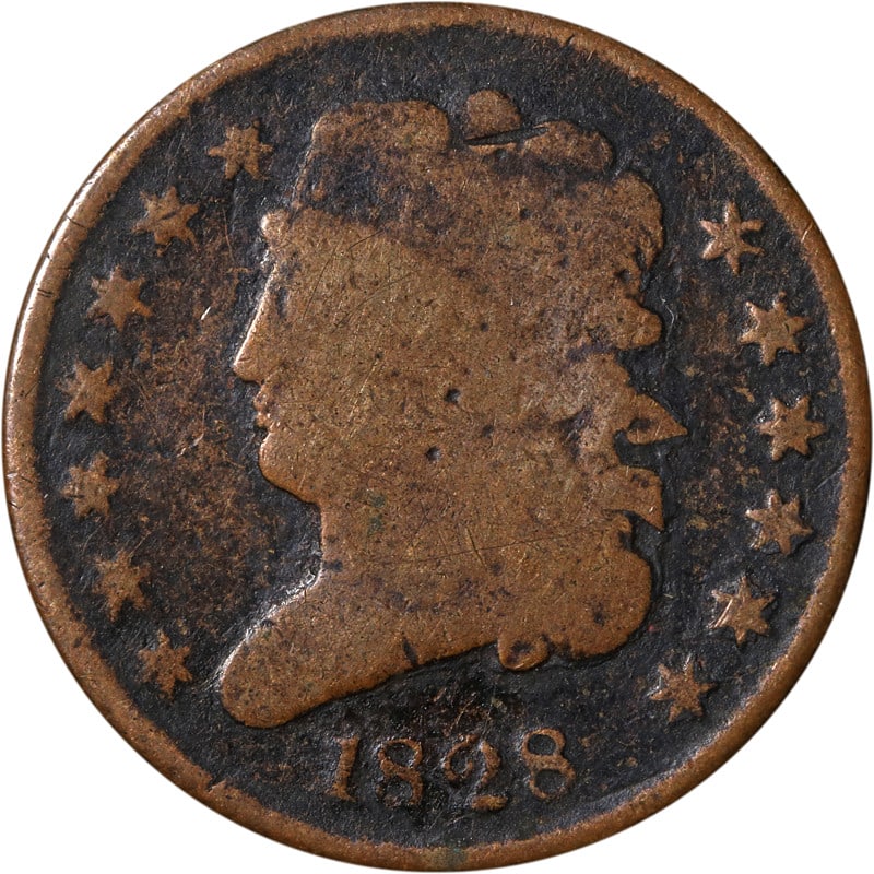 Copper United States 1828 Half Cent Coin Circulated Example: Copper United States 1828 Half Cent Coin Circulated Example This is an 1828 Half Cent coin from the United States, composed of copper. The coin is circulated and uncertified, and it is offered in pre-