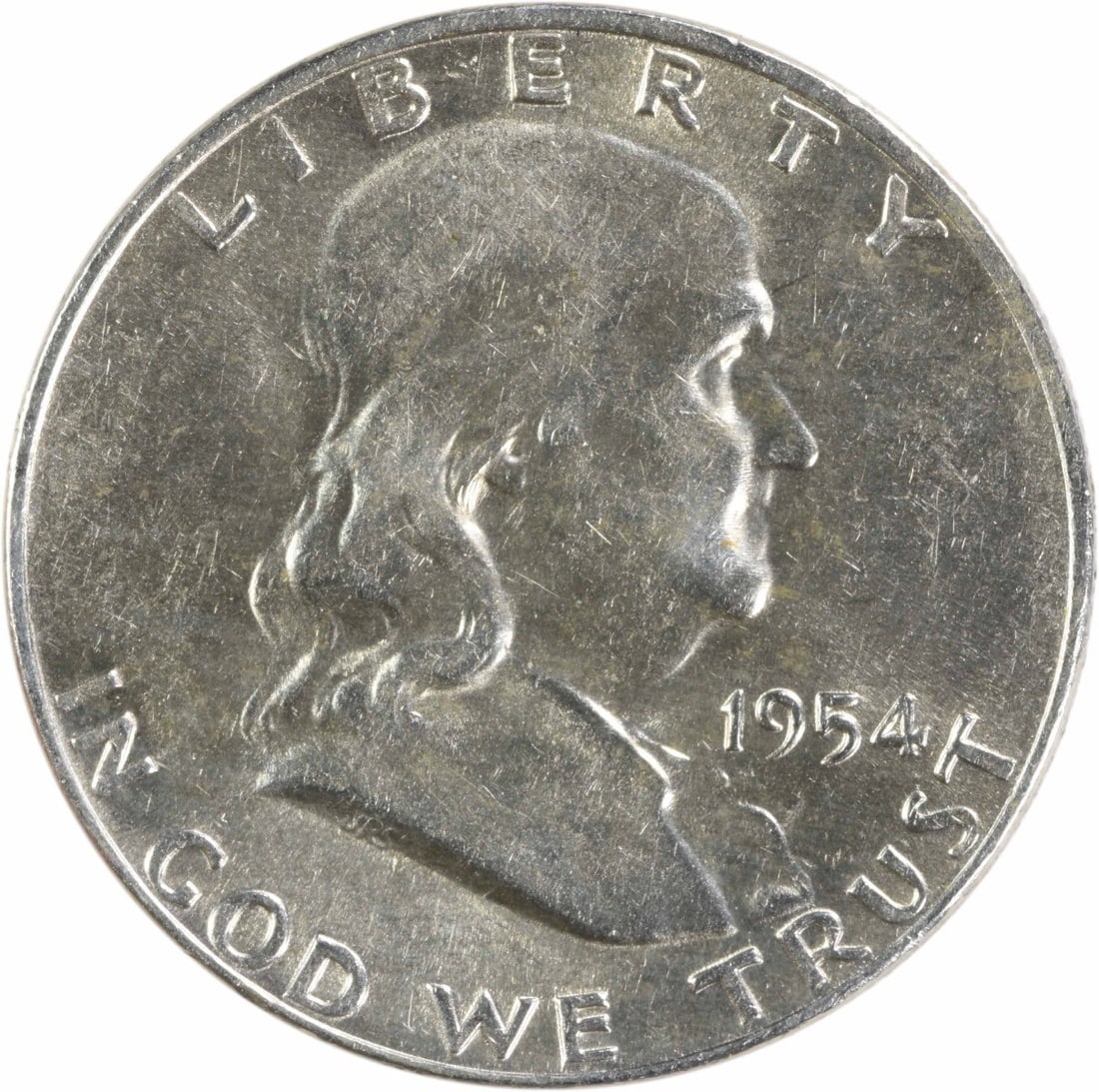 1954 Denver Franklin 50C Silver Half Dollar AU Grade Uncertified: 1954 Denver Franklin 50C Silver Half Dollar AU Grade Uncertified This is a 1954-D Franklin Half Dollar coin from the United States, featuring a composition of 90% silver and 10% copper. Minted in Denv