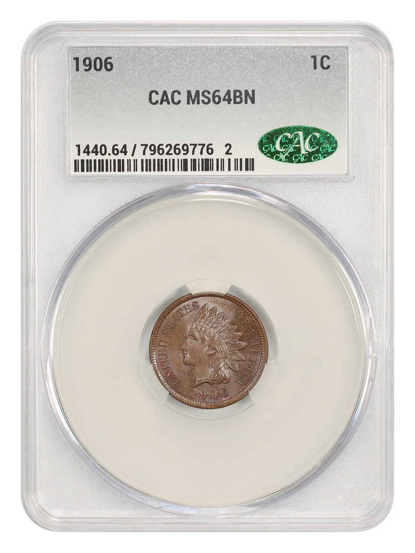 1906 Indian Cent CACG MS64BN: 1906 Indian Cent CACG MS64BN This 1906 Indian Cent features a brown (BN) coloration and was minted in Philadelphia. It is uncirculated and has been certified by CACG with certification number 79626977
