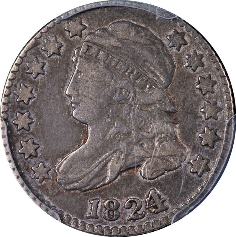 1824/2 Bust Dime PCGS VF25 Silver Coin Superb Eye Appeal: 1824/2 Bust Dime PCGS VF25 Silver Coin Superb Eye Appeal This exceptional 1824/2 Bust Dime showcases superb eye appeal and a nice strike. With its outstanding color and surfaces, this coin is a remark