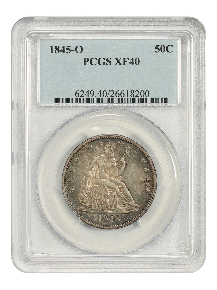 PCGS XF40 1845-O Seated Liberty Half Dollar: PCGS XF40 1845-O Seated Liberty Half Dollar This is an 1845 Liberty Seated Half Dollar, minted in New Orleans. The coin is certified by PCGS and graded XF40, indicating it is in extra fine condition. 