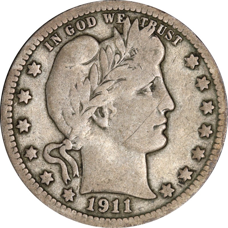 1911 Denver Barber silver quarter: 1911 Denver Barber silver quarter This 1911-D Barber Quarter is a circulated silver coin from the United States, minted in 1911 at the Denver mint. It is composed of 90% silver and remains uncertified
