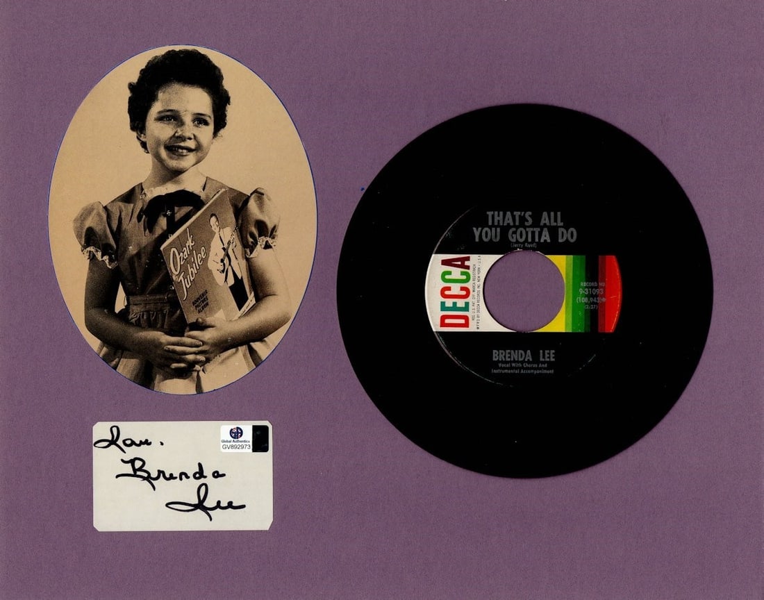 Brenda Lee Signed 11x14 Photo Mat With Record Cut Global Authentics: Brenda Lee Signed 11x14 Photo Mat With Record Cut Global Authentics This is an original 11x14 matted photo record cut autographed by country music legend Brenda Lee. The autograph is authenticated by 