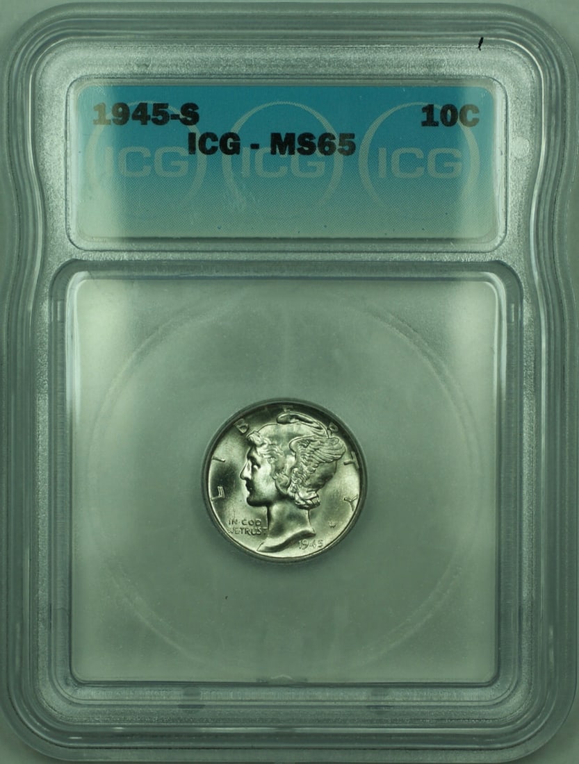 1945 San Francisco 10C Mercury Dime Silver ICG MS65 Certified: 1945 San Francisco 10C Mercury Dime Silver ICG MS65 Certified This 1945-S Mercury Silver Dime is an uncirculated 10-cent coin from the United States, minted in San Francisco. Composed of 90% silver, i