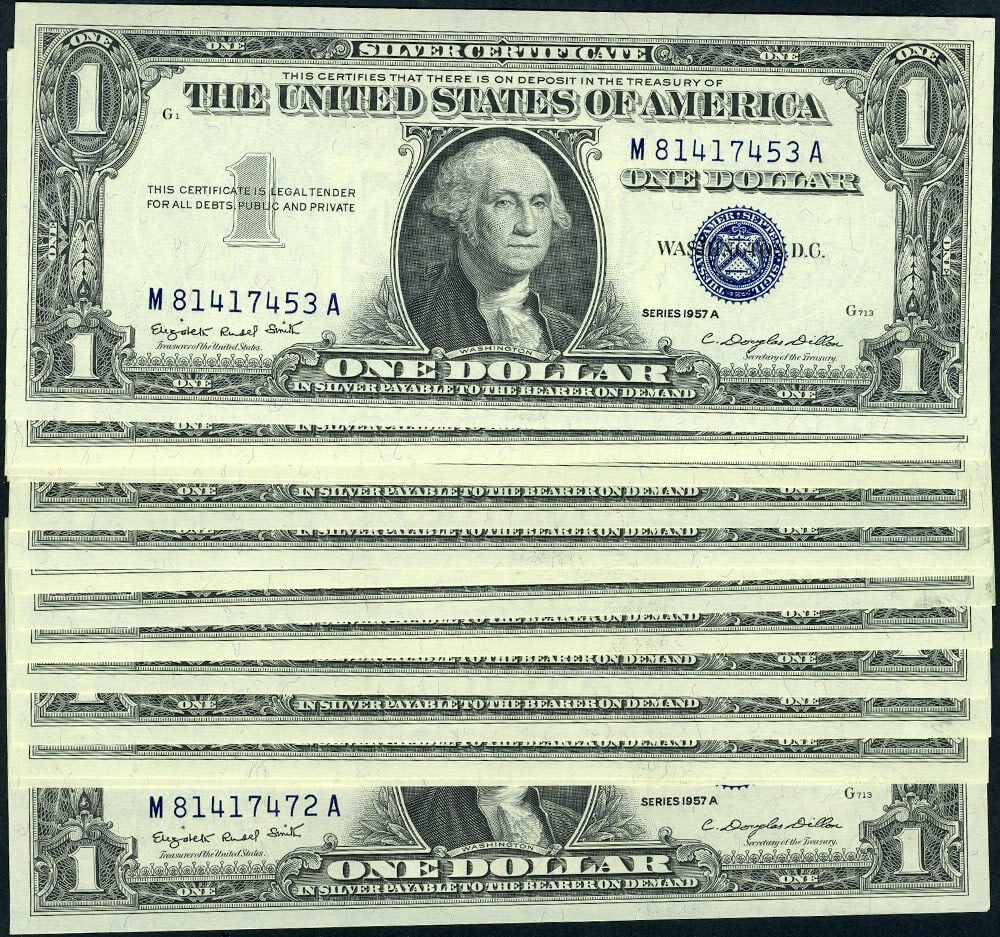 20 Consecutive 1957-A $1 Silver Certificates Gem CU+: 20 Consecutive 1957-A $1 Silver Certificates Gem CU+ This is a pack of 20 consecutive 1957-A $1 Silver Certificate notes from the United States, featuring the M-A Block. The notes are uncirculated and