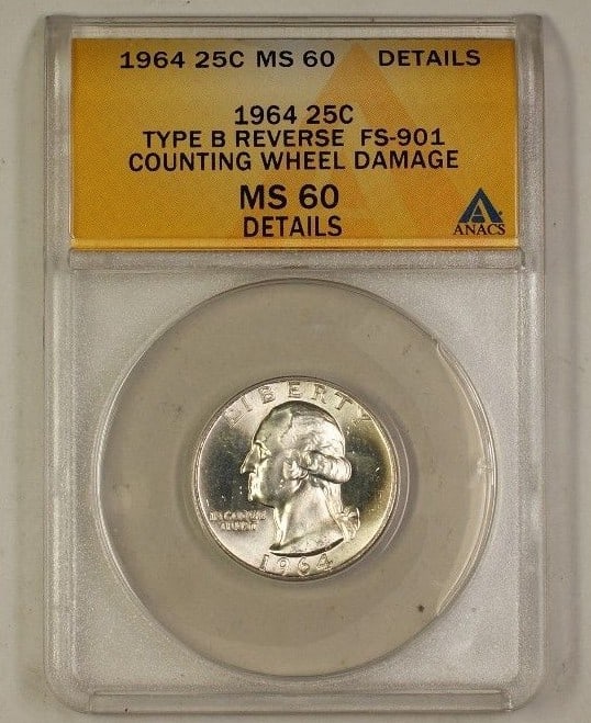 ANACS MS 60 Details 1964 Washington Quarter Type B Rev FS-901: ANACS MS 60 Details 1964 Washington Quarter Type B Rev FS-901 This is a 1964 Washington Quarter Silver Coin, featuring the Type B Reverse (FS-901) variety. Graded by ANACS as MS-60 Details, this coin 