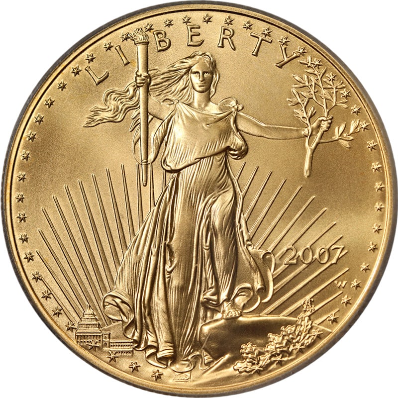 2007-W Gold American Eagle $50 ICG MS70 Burnished 1st Day Issue: 2007-W Gold American Eagle $50 ICG MS70 Burnished 1st Day Issue This 2007-W Gold American Eagle $50 coin is a stunning example of American artistry and craftsmanship. Graded MS70 by ICG, it showcases 