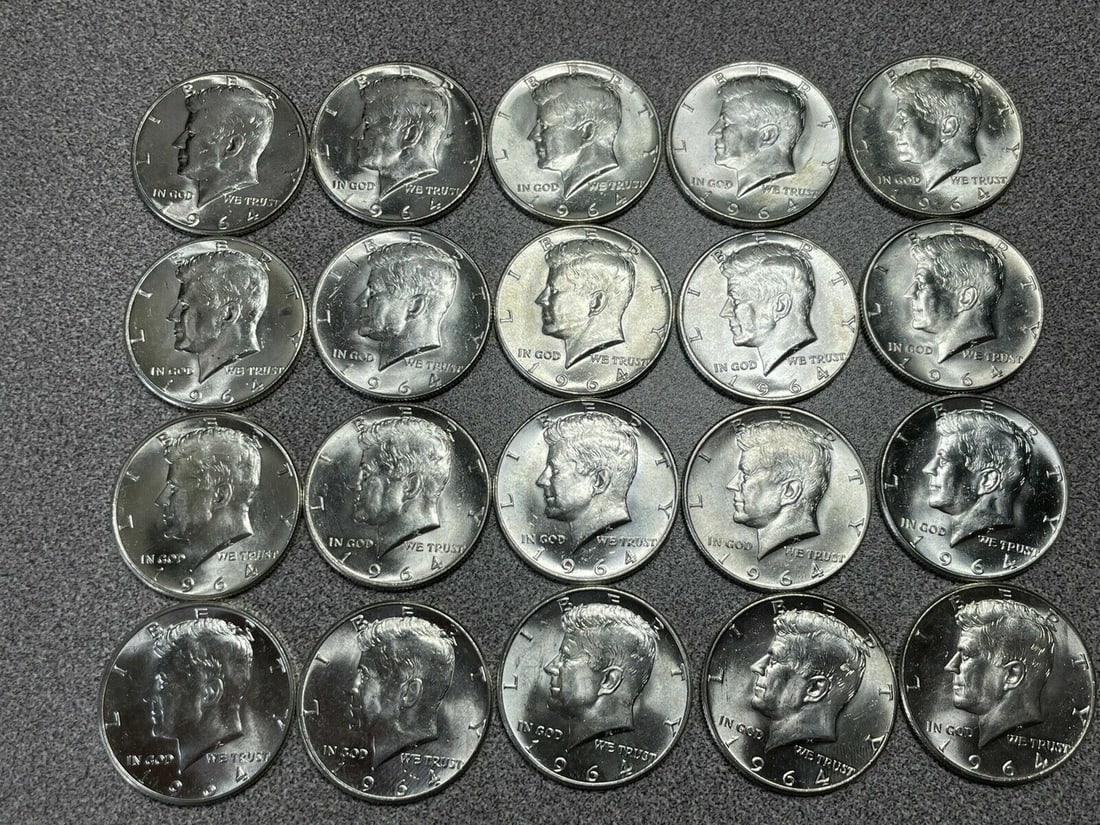 Roll of 20 1964 Kennedy Half Dollars 90% Silver Uncirculated (1 of 6)