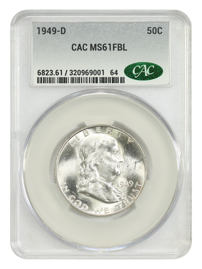 CACG Certified 1949-D Franklin Half Dollar MS61FBL Key Date Coin: CACG Certified 1949-D Franklin Half Dollar MS61FBL Key Date Coin This 1949-D Franklin Half Dollar is a popular key date coin graded MS61FBL and certified by CACG. Minted in Denver, it features the Ful