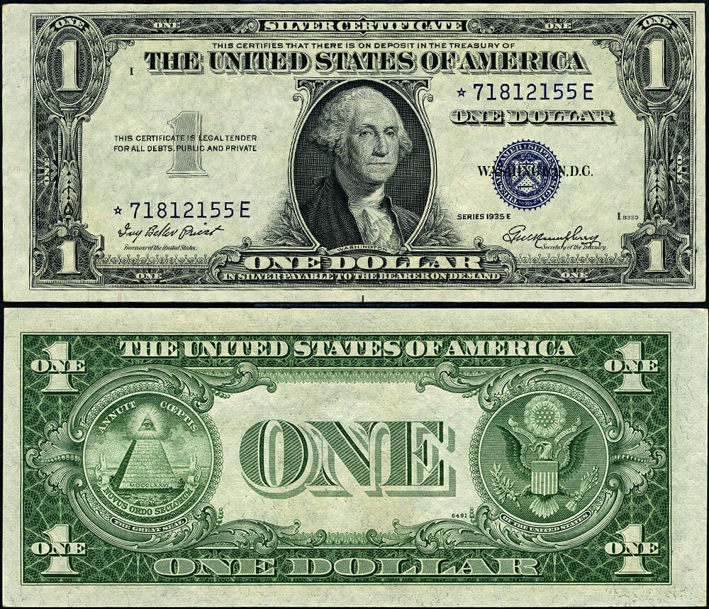 1935-E $1 Silver Certificate FR. 1614* Choice CU Star Note: 1935-E $1 Silver Certificate FR. 1614* Choice CU Star Note This 1935-E $1 Silver Certificate (FR. 1614*) is a remarkable collectible note that showcases excellent paper quality and embossing. With bri