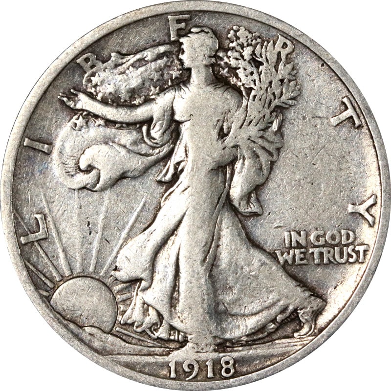 1918 San Francisco Walking Liberty Silver Half Dollar Coin: 1918 San Francisco Walking Liberty Silver Half Dollar Coin This is a 1918-S Walking Liberty Half Dollar coin from the United States. It is composed of silver with a fineness of 0.9 and was produced at
